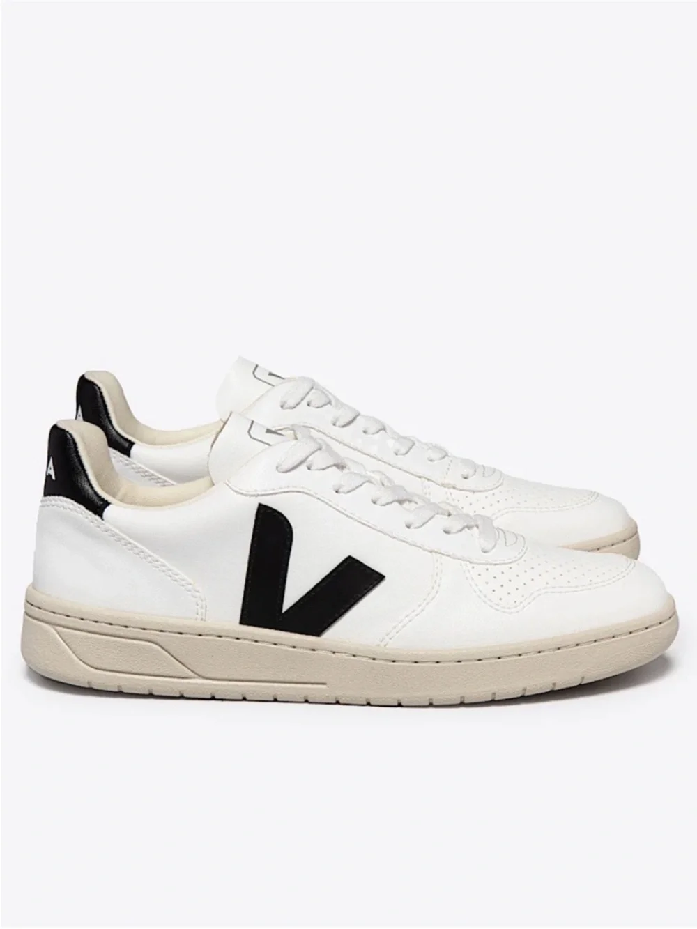 Veja V-10 Leather Sneakers — White with Black V